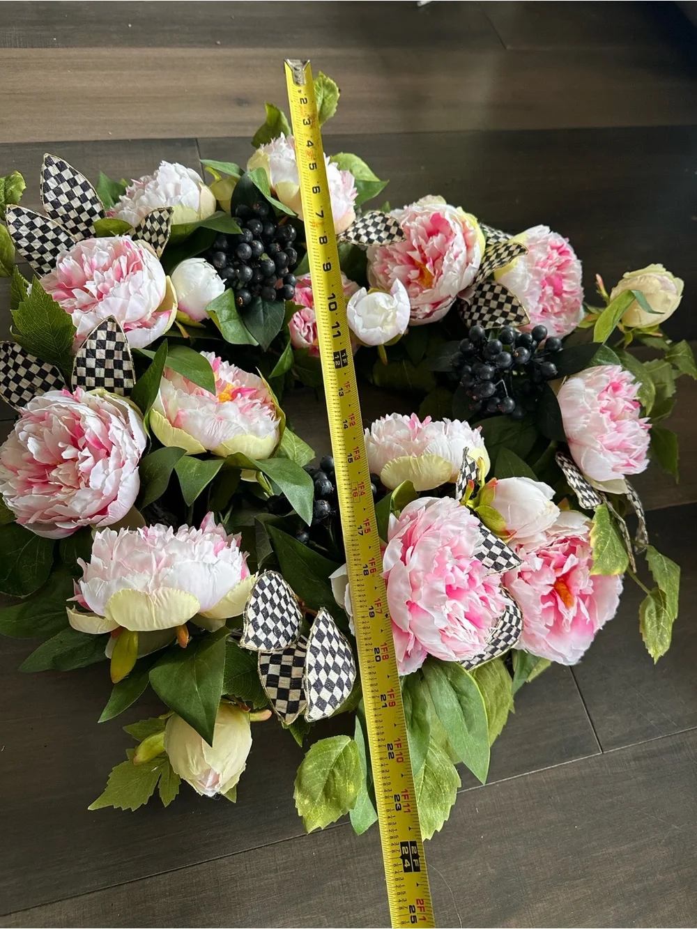 Mackenzie Childs Pink Peony Floral Wreath with Green Leaves - Home Accents